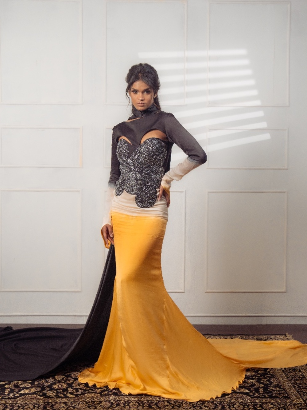 Black & Gold Couture Gown | Crystal Embellished Mermaid Evening Dress
